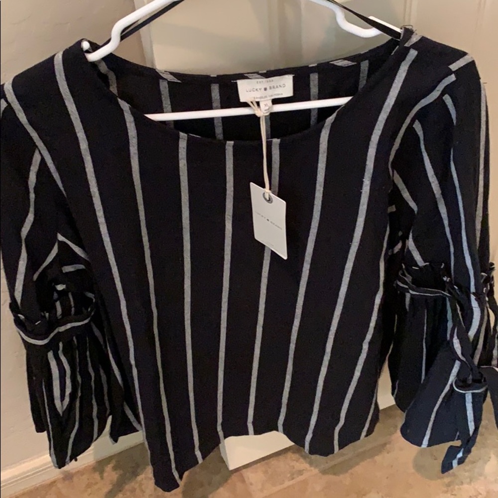 Lucky Brand Black Blouse with White Vertical Stripes